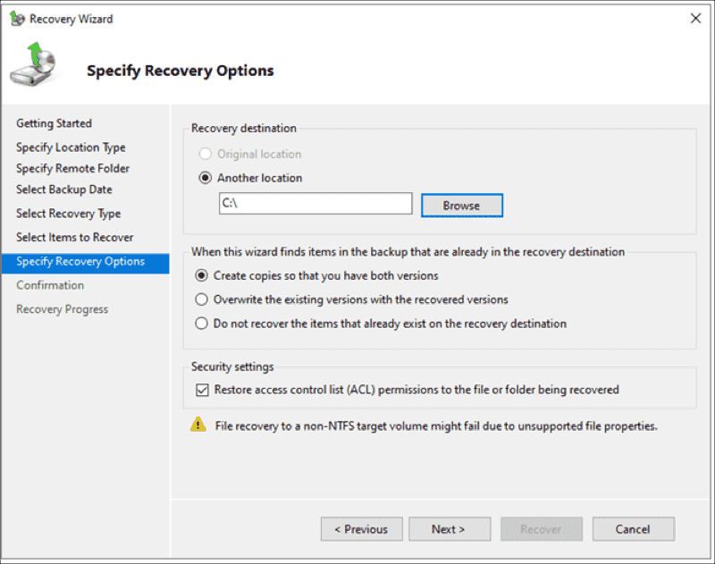 Specify Recovery Options