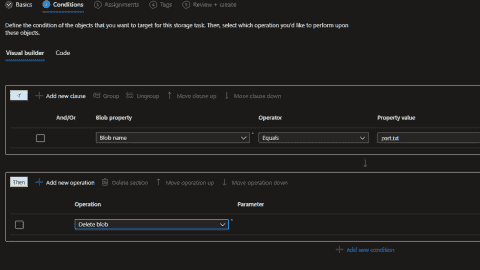 Setting up conditions and actions on a storage account task