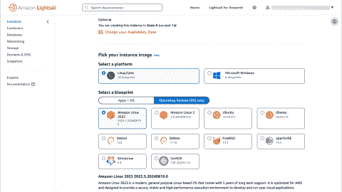 Lightsail offers instances with various operating systems