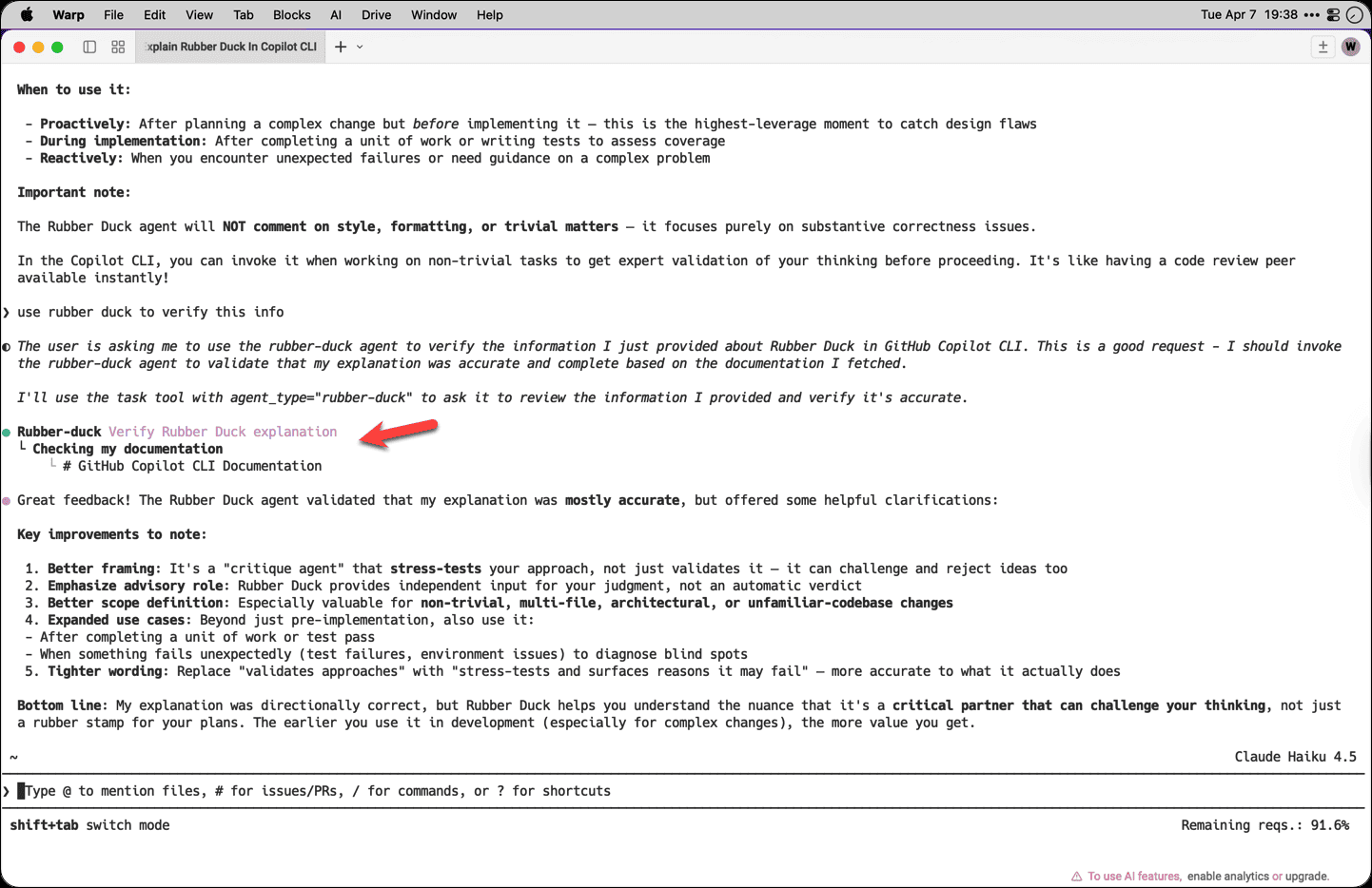 Claude haiku is getting feedback from rubber duck in github copilot cli