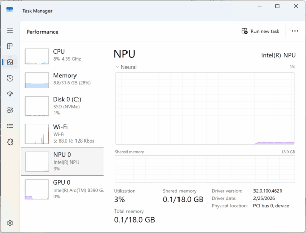 Task Manager NPU performance graph (image Microsoft)