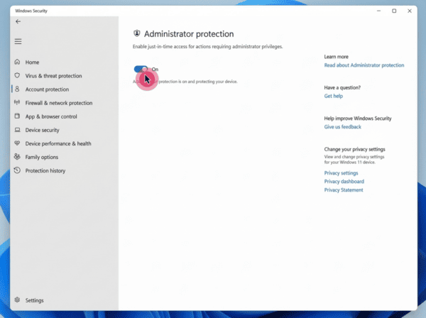 Windows Security administrator protection toggle (image Microsoft)