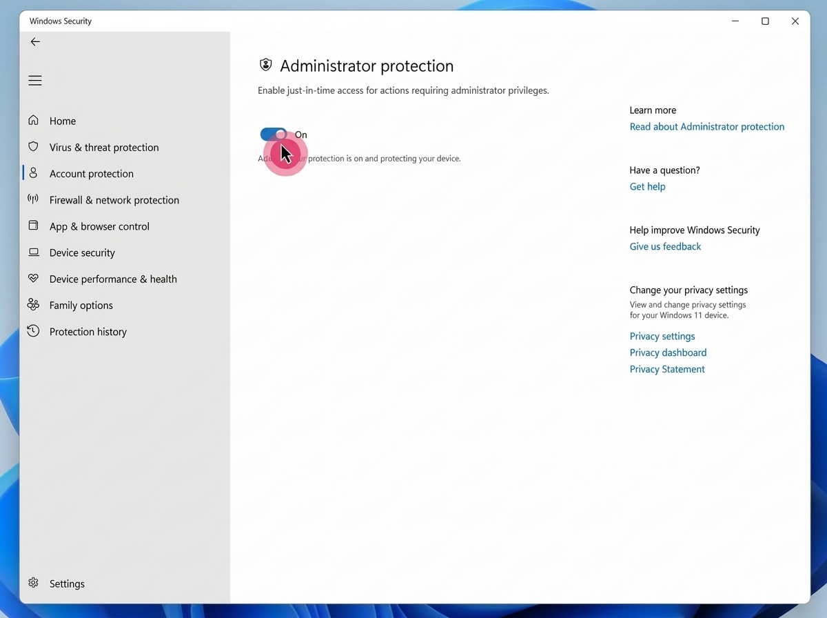 Windows Security administrator protection toggle (image Microsoft)