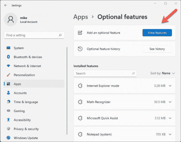Add an optional feature in Windows 11